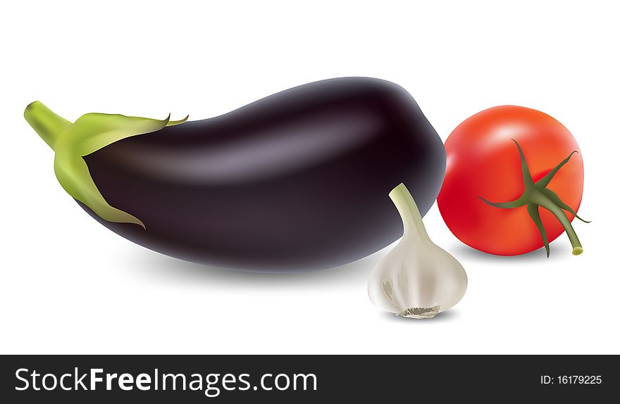 Realistic eggplant, garlic and tomato set.