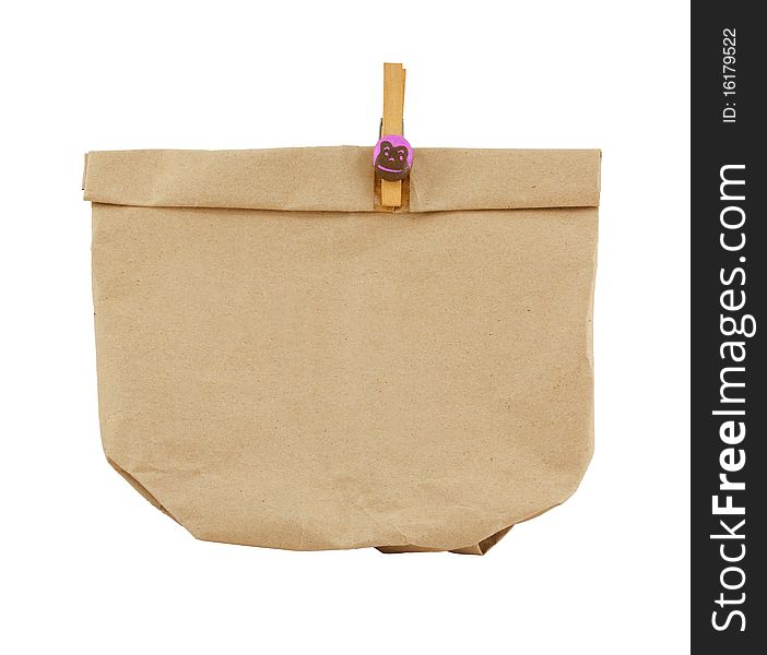 Brown bag with clip on white background. Brown bag with clip on white background