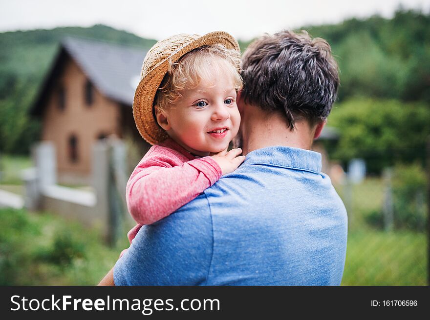 A Close-up Of Father With Toddler Boy Standing Outdoors In Garden In Summer.