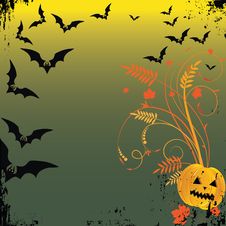 Grunge Halloween Frame With Bat, Pumpkins. Royalty Free Stock Photography