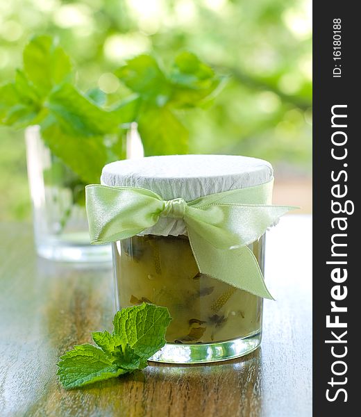 Apple-Mint Marmalade in a Jar in outside