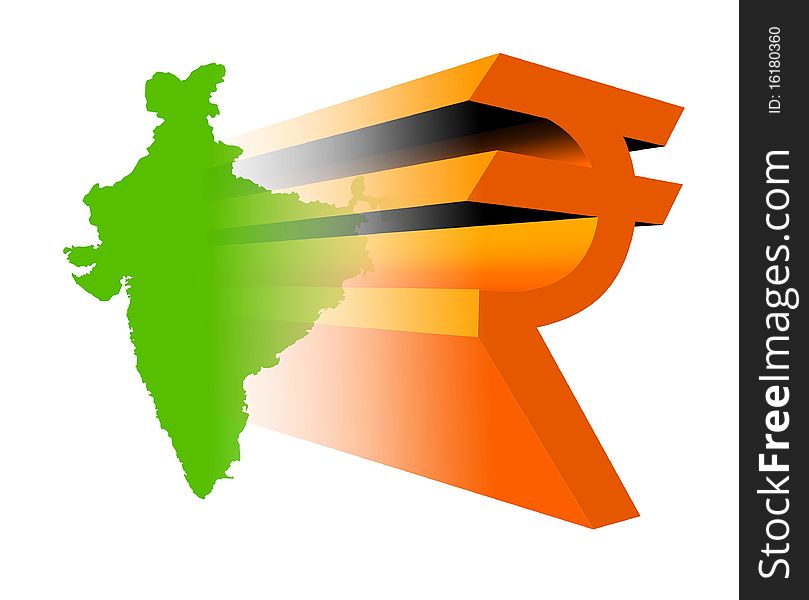 New 3d Indian rupee symbol on India map. New 3d Indian rupee symbol on India map