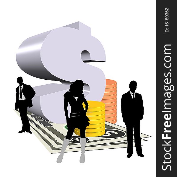 3d dollar symbol and notes with silhouette of business people. 3d dollar symbol and notes with silhouette of business people