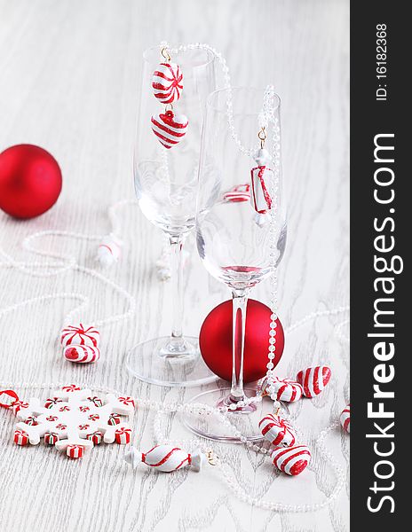 Two empty glasses on white background. Christmas preparation