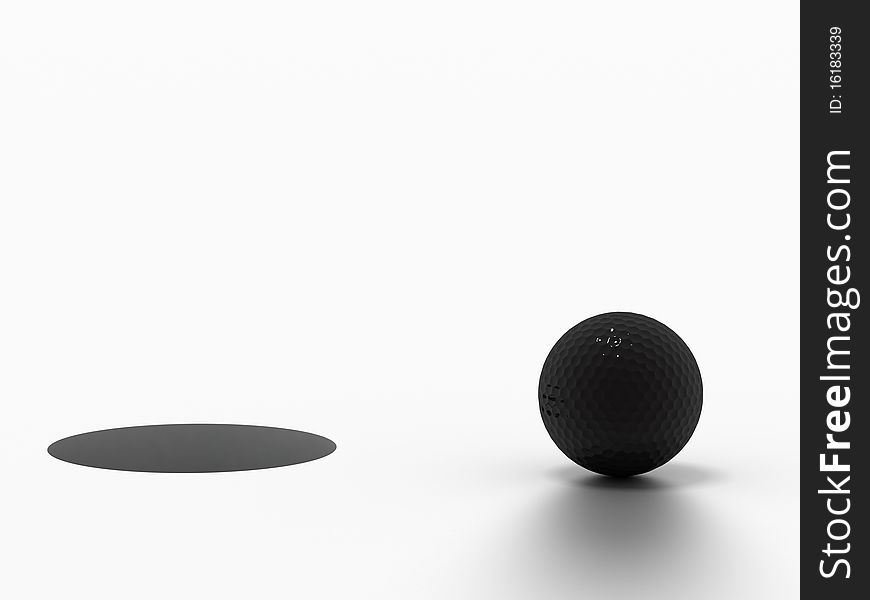 3d image of a black golf ball standing close to the hole ready to be put.