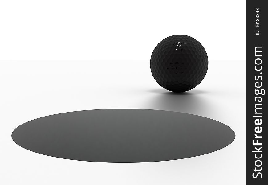 3d image of a black golf ball standing close to the hole ready to be put.