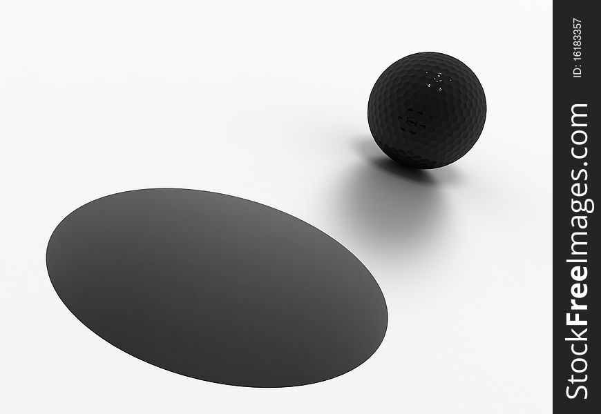 3d image of a black golf ball standing close to the hole ready to be put.