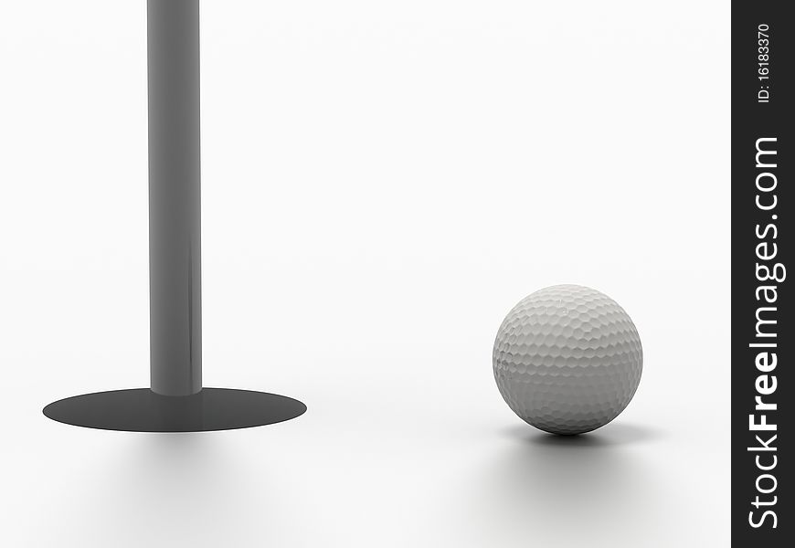 3d image of a golf ball standing close to the hole ready to be put.