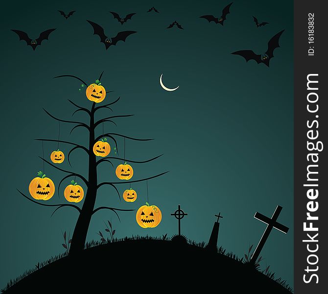 Halloween Background With Bats, Pumpkins