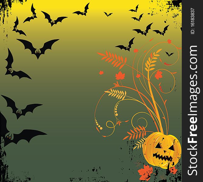 Grunge Halloween Frame With Bat, Pumpkins.