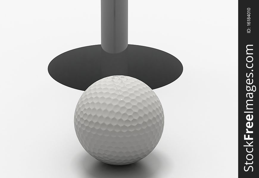 3d image of a golf ball standing close to the hole ready to be put.