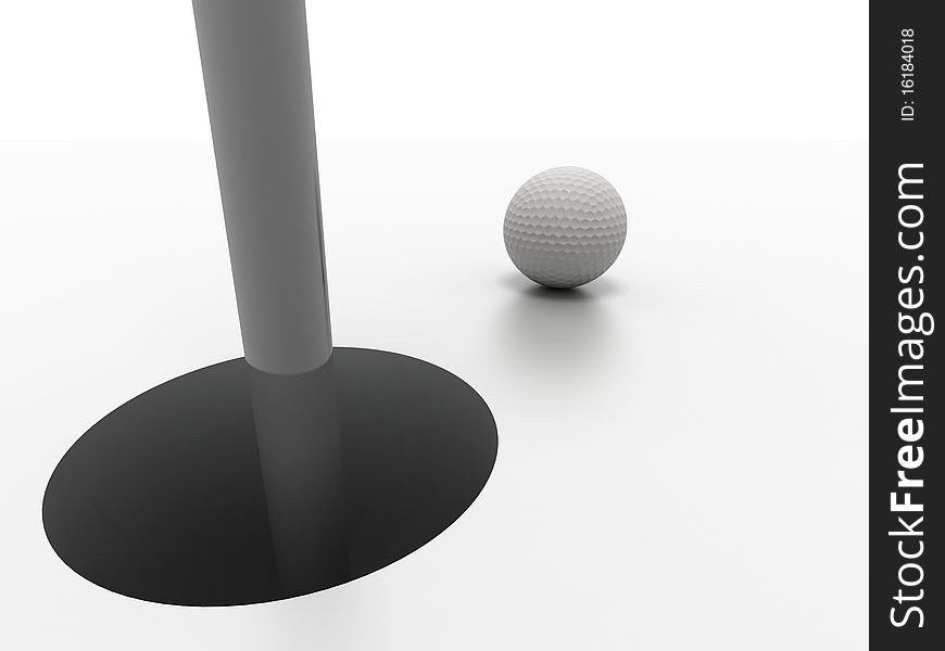 3d image of a golf ball standing close to the hole ready to be put.