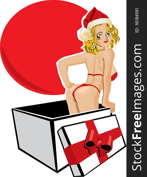 Illustration of a pin up girl in a gift box. Illustration of a pin up girl in a gift box