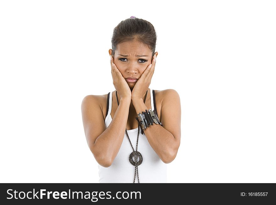 Sad beautiful young woman, isolated on white background