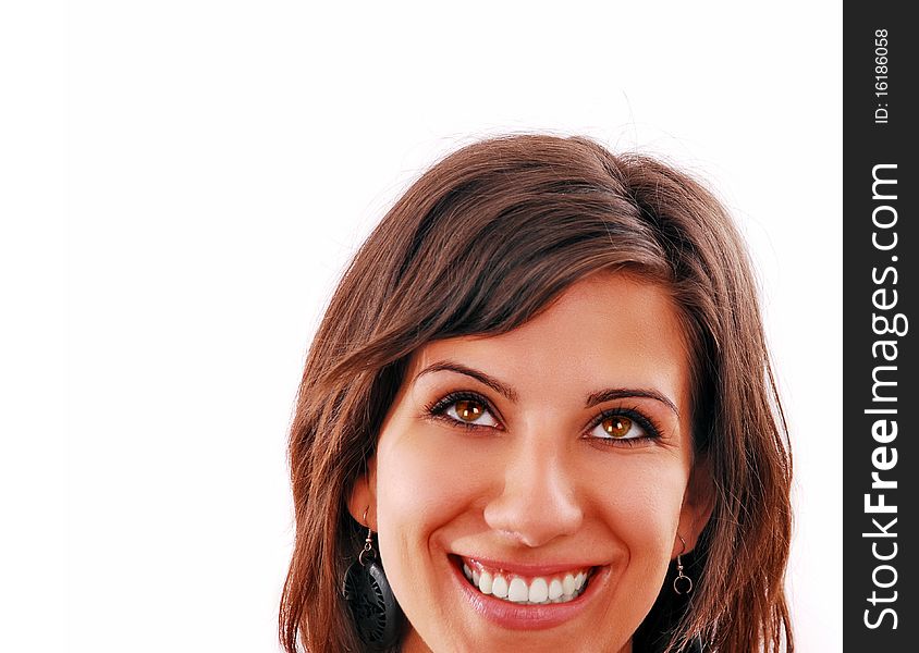 Attractive smiling woman portrait on white background