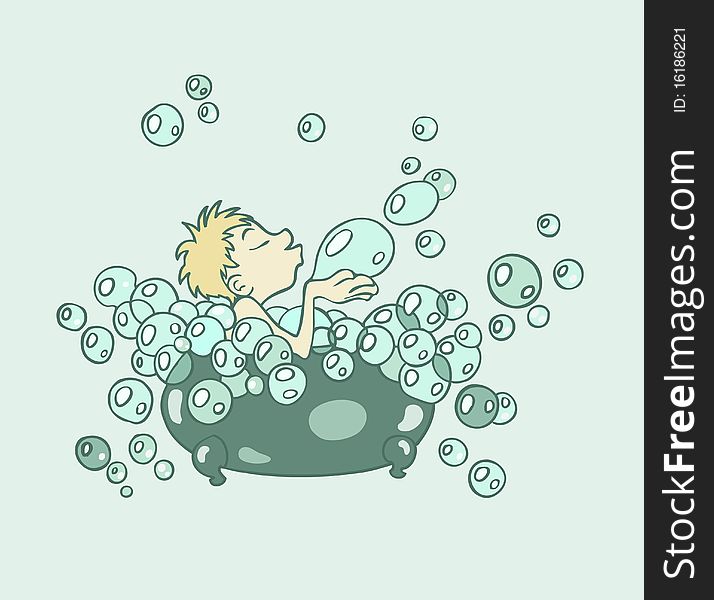 An illustration of a person taking bath, relaxing, blowing soap bubbles. An illustration of a person taking bath, relaxing, blowing soap bubbles