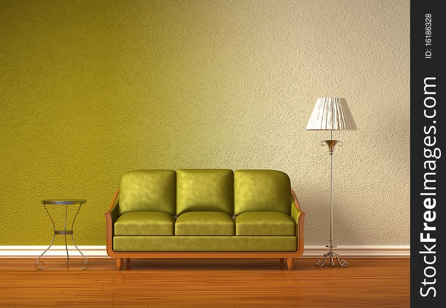 Green couch with table and standard lamp in double colored interior