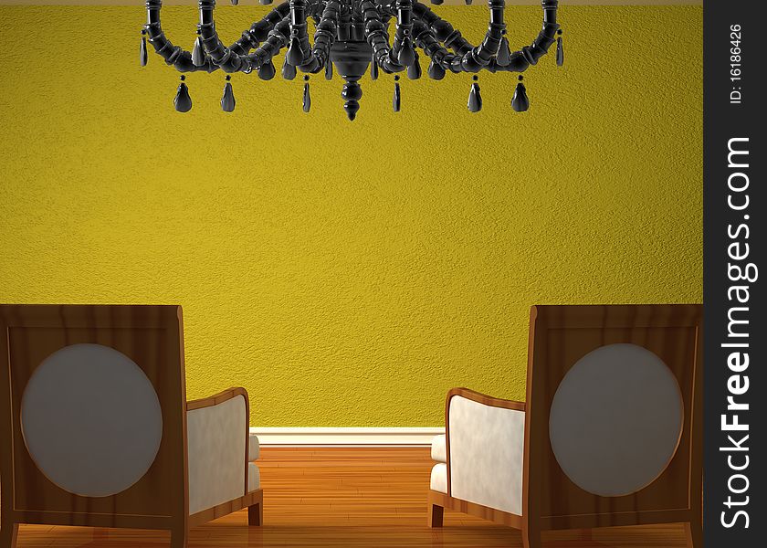 Two luxurious chairs with black chandelier opposite green wall. Two luxurious chairs with black chandelier opposite green wall