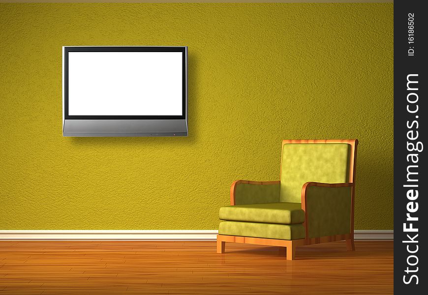 Alone green chair with lcd tv in minimalist interior