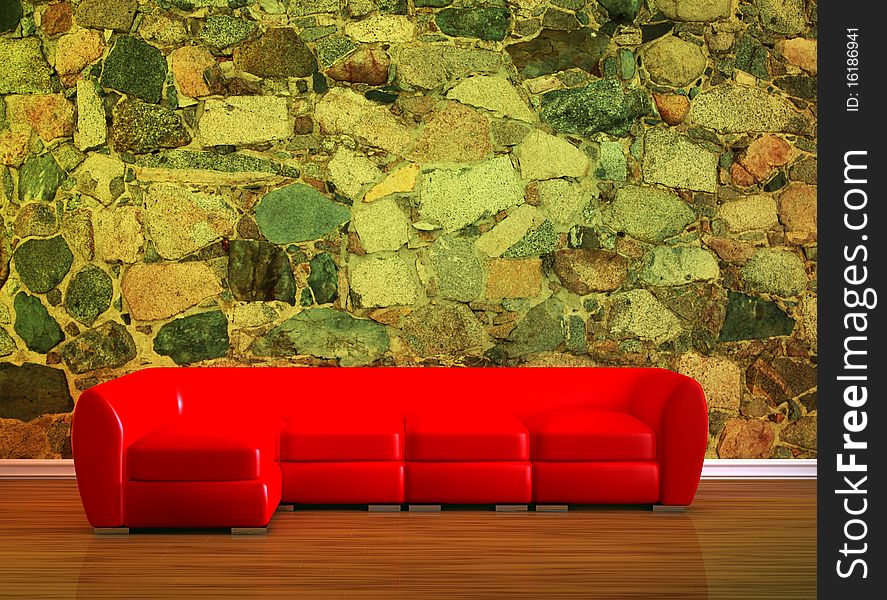 Red couch in stone minimalist interior