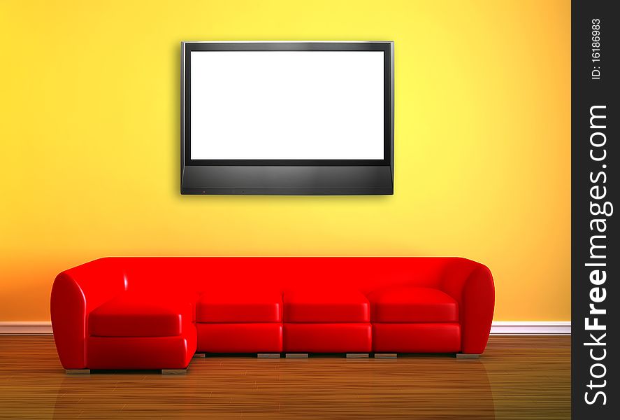 Red couch with LCD tv in minimalist interior