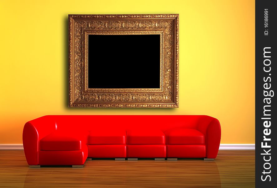 Red couch with picture frame in minimalist interior