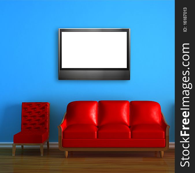 Red couch and chair with LCD tv in blue minimalist interior