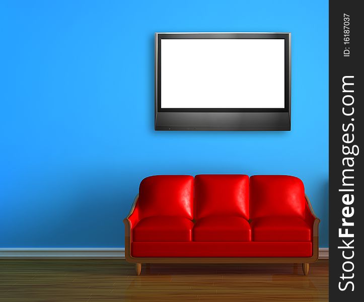 Red couch with LCD tv in blue minimalist interior