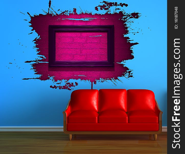 Red couch and pink splash hole in blue minimalist interior