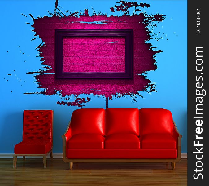 Red couch and chair with pink splash hole in blue minimalist interior