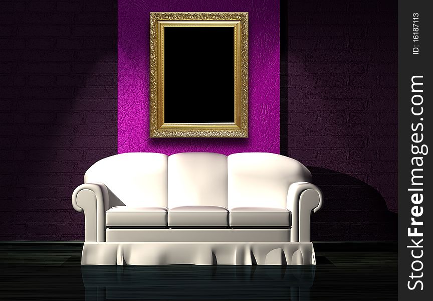 White sofa with purple part of the wall and picture frame in minimalist interior. White sofa with purple part of the wall and picture frame in minimalist interior