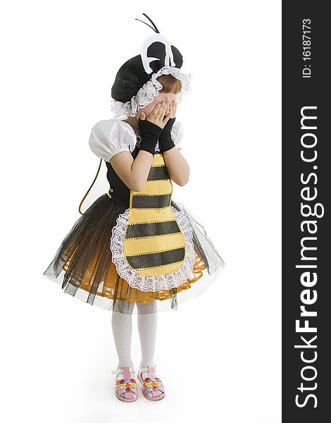 Little girl in dressed at bee costume cries. Little girl in dressed at bee costume cries