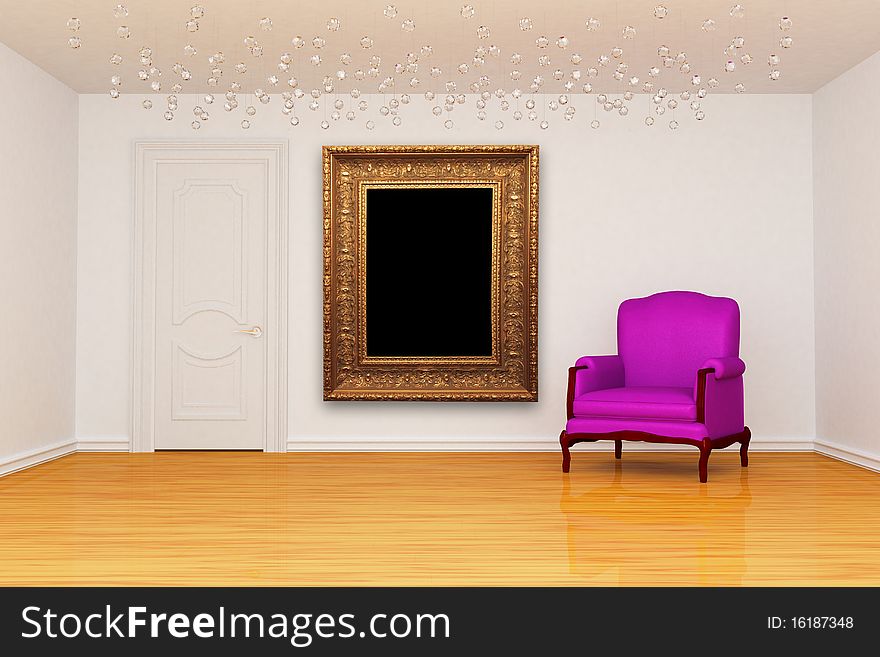 Room with door and purple chair with picture frame. Room with door and purple chair with picture frame