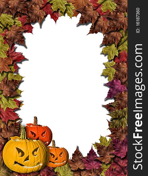 Fall leaves and carved pumpkins forming a frame for your text,