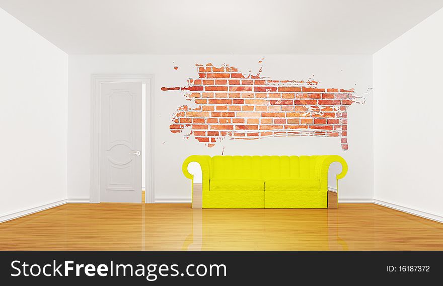 Minimalist living room with yellow couch and splash hole