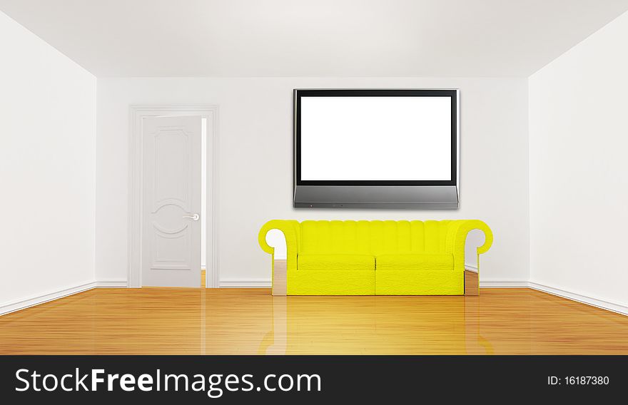 Minimalist living room with yellow couch and LCD tv