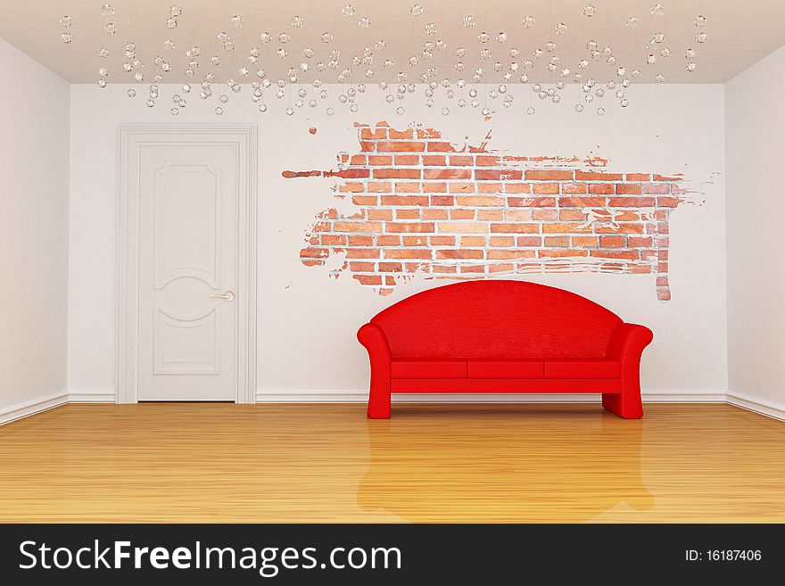 Living room with door, red couch and splash hole