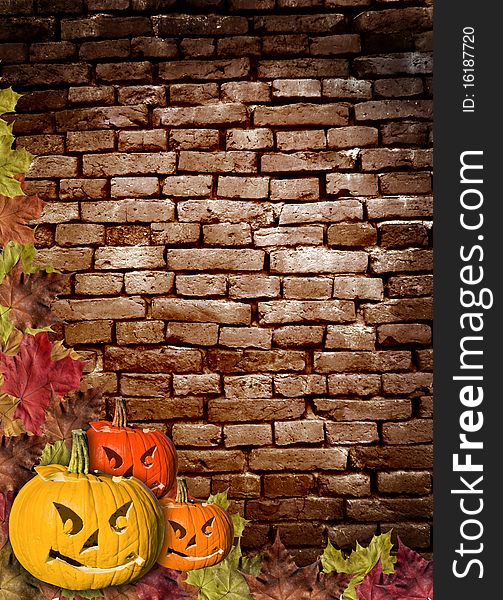 Fall leaves and carved pumpkins forming a frame for your text,