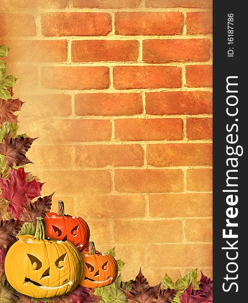 Fall leaves and carved pumpkins forming a frame for your text, in a colorful. Fall leaves and carved pumpkins forming a frame for your text, in a colorful