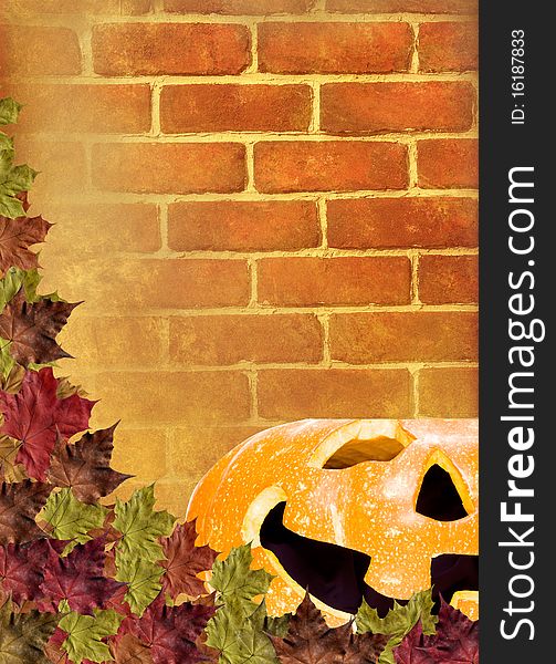 Leaves With Pumpkin On Wall Brick Brown Background