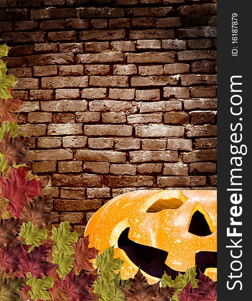 Fall leaves with pumpkin on wall Brick brown background. Fall leaves with pumpkin on wall Brick brown background