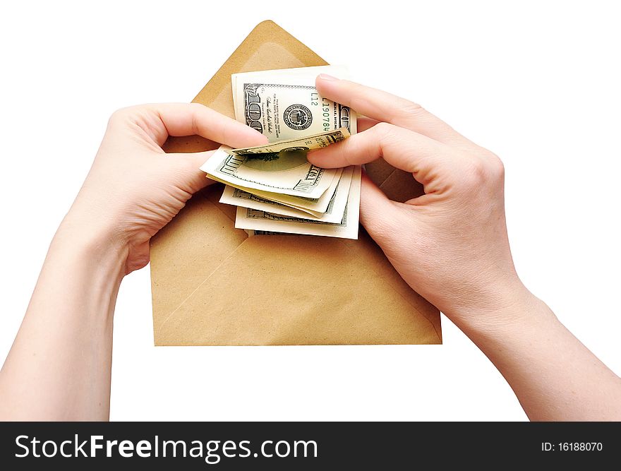 Hands is counting a cash in an envelope on white