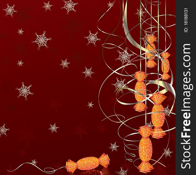 Red background for your text with Christmas candies and swirls