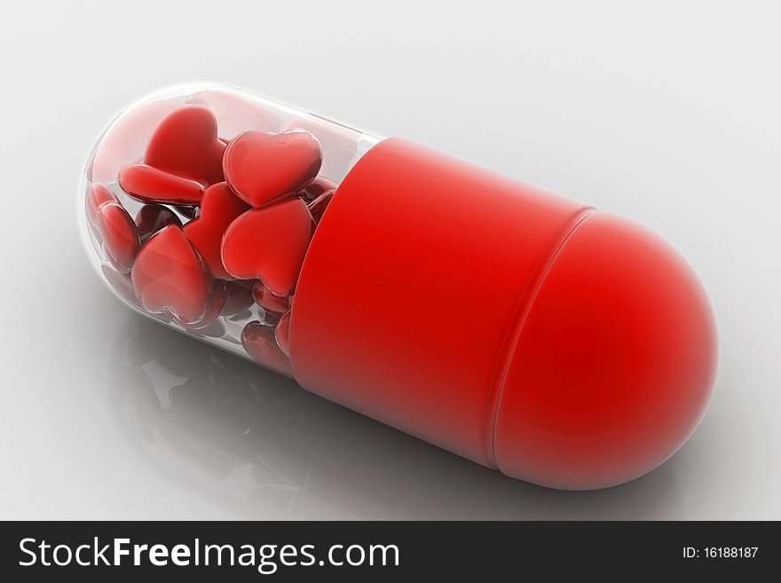 3d illustration of hearts filled in pill. Conceptual design