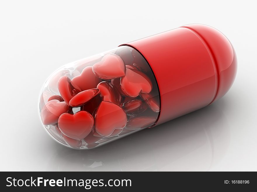 3d illustration of hearts filled in pill. Conceptual design