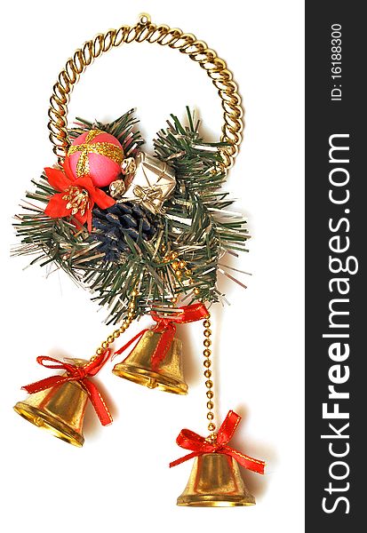 Christmas decoration with golden bells isolated on a white background.