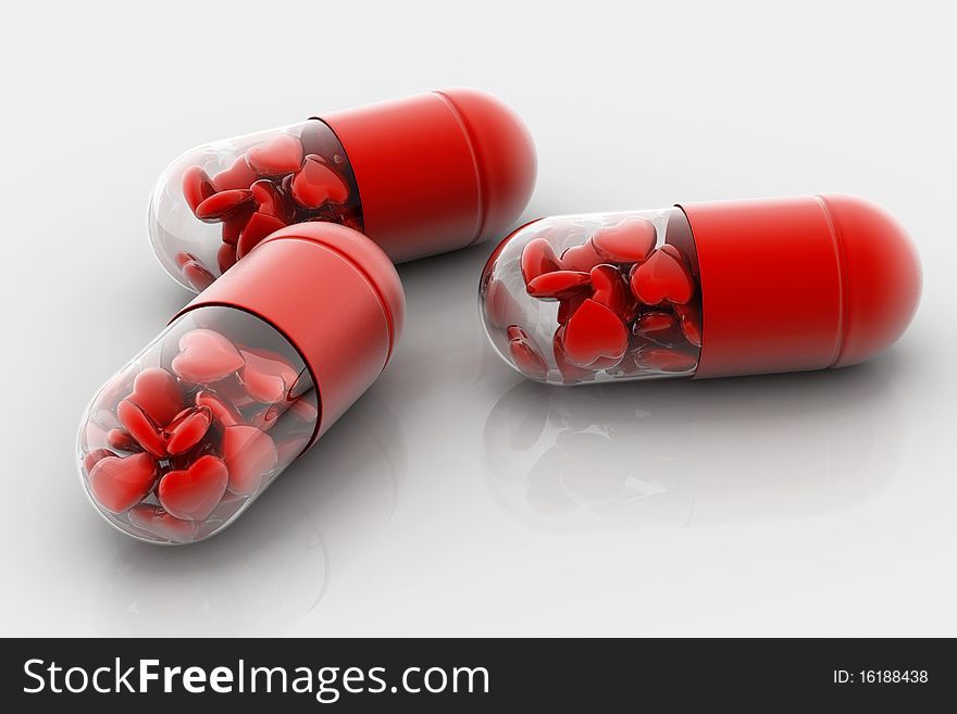 3d illustration of hearts filled in pill. Conceptual design