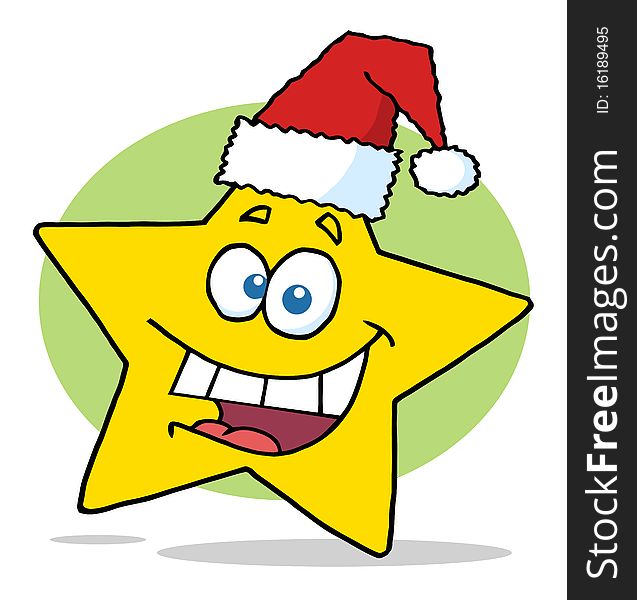 Yellow christmas star wearing a santa hat. Yellow christmas star wearing a santa hat