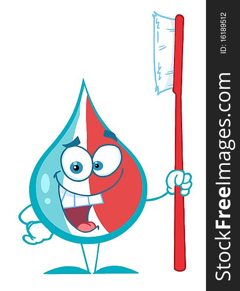 Happy toothpaste drop holding a tooth brush. Happy toothpaste drop holding a tooth brush