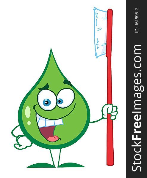 Happy green toothpaste drop holding a tooth brush. Happy green toothpaste drop holding a tooth brush